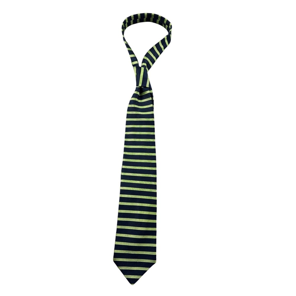 Barneys New York Necktie Men Blue Lime Green Striped 100% Silk Italy Made Preppy